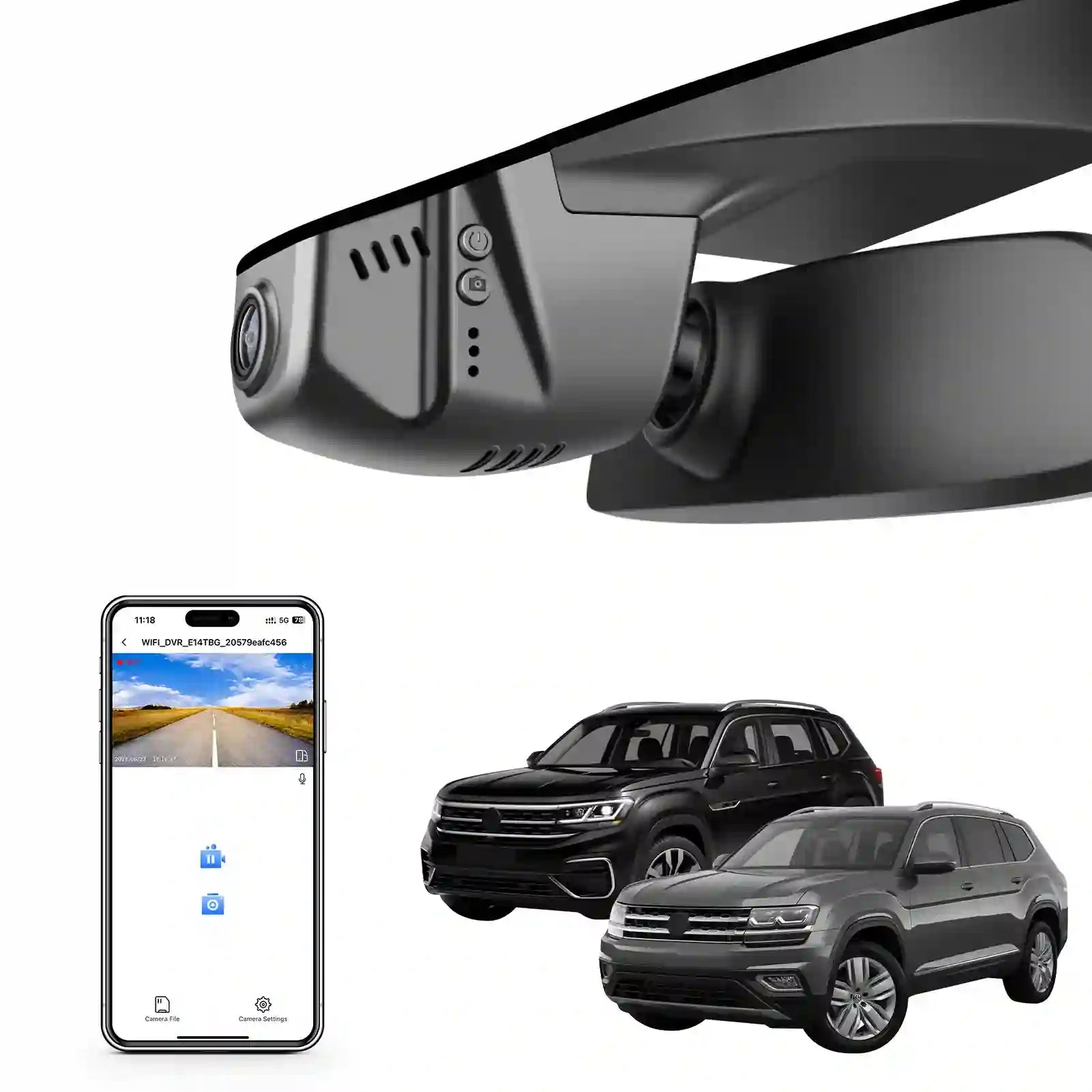 Car dashboard camera, smartphone with app interface, mangoal tech dash camera