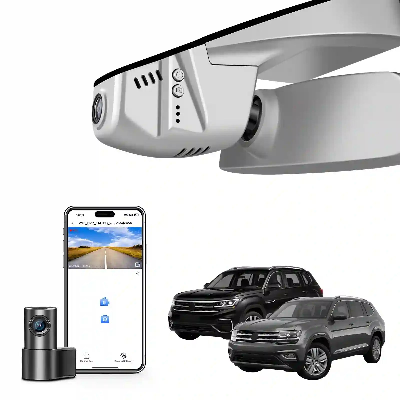 Car dashboard camera, smartphone with app interface, and two cars on a white background mangoal tech dash camera 