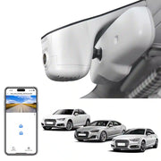 Car camera with smartphone app interface and multiple cars displayed.