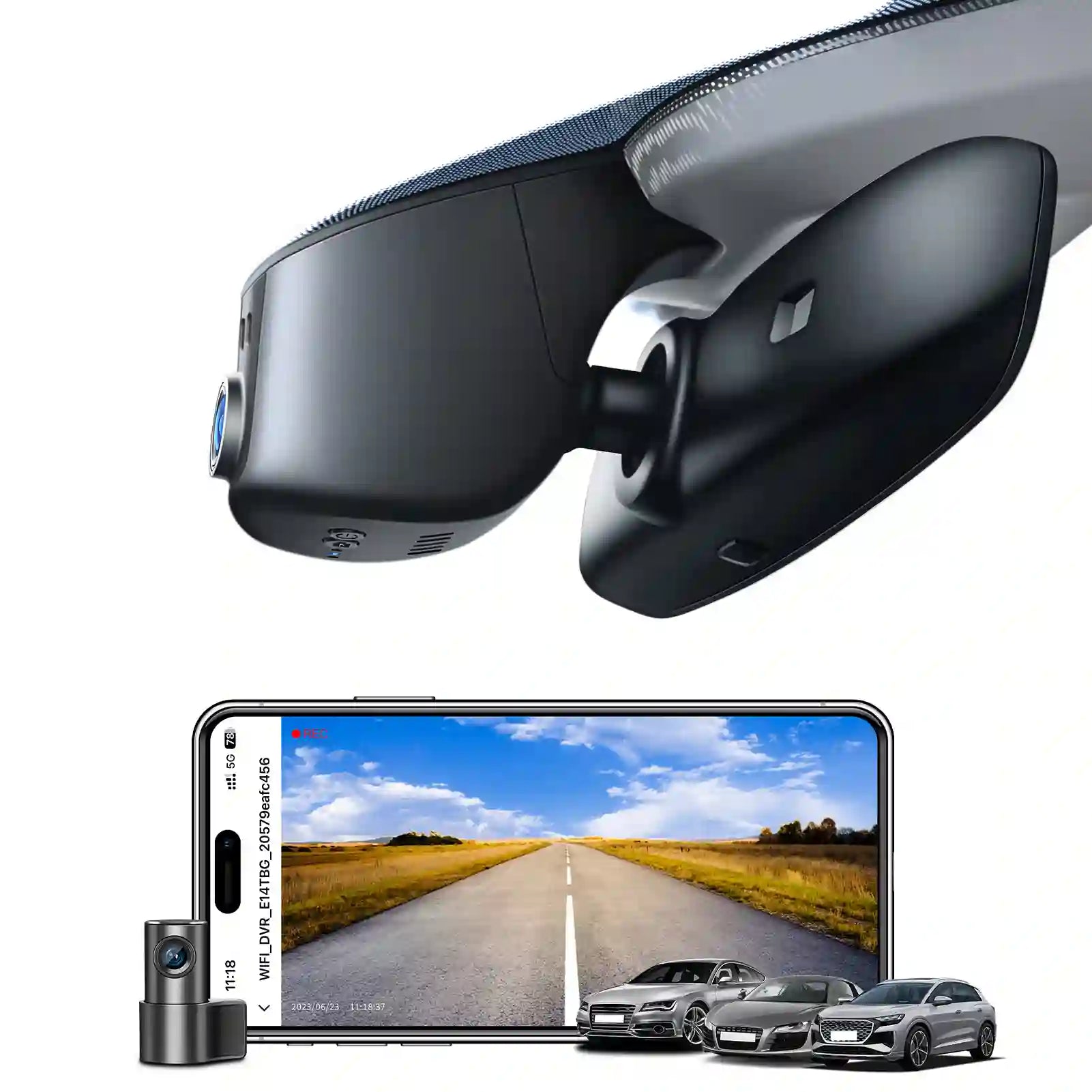 Car dashboard camera with smartphone displaying road view and cars below