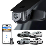 Car dashboard camera with smartphone app and multiple cars displayed.