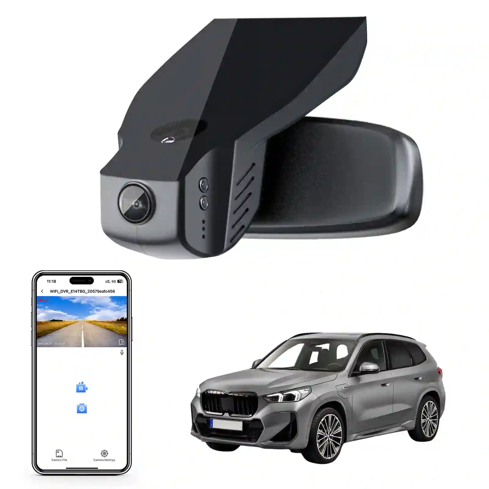 Car mirror with built-in camera, smartphone app, and car on a white background