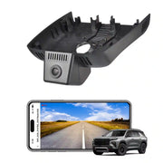 Car camera with smartphone displaying road view and car on a white background
