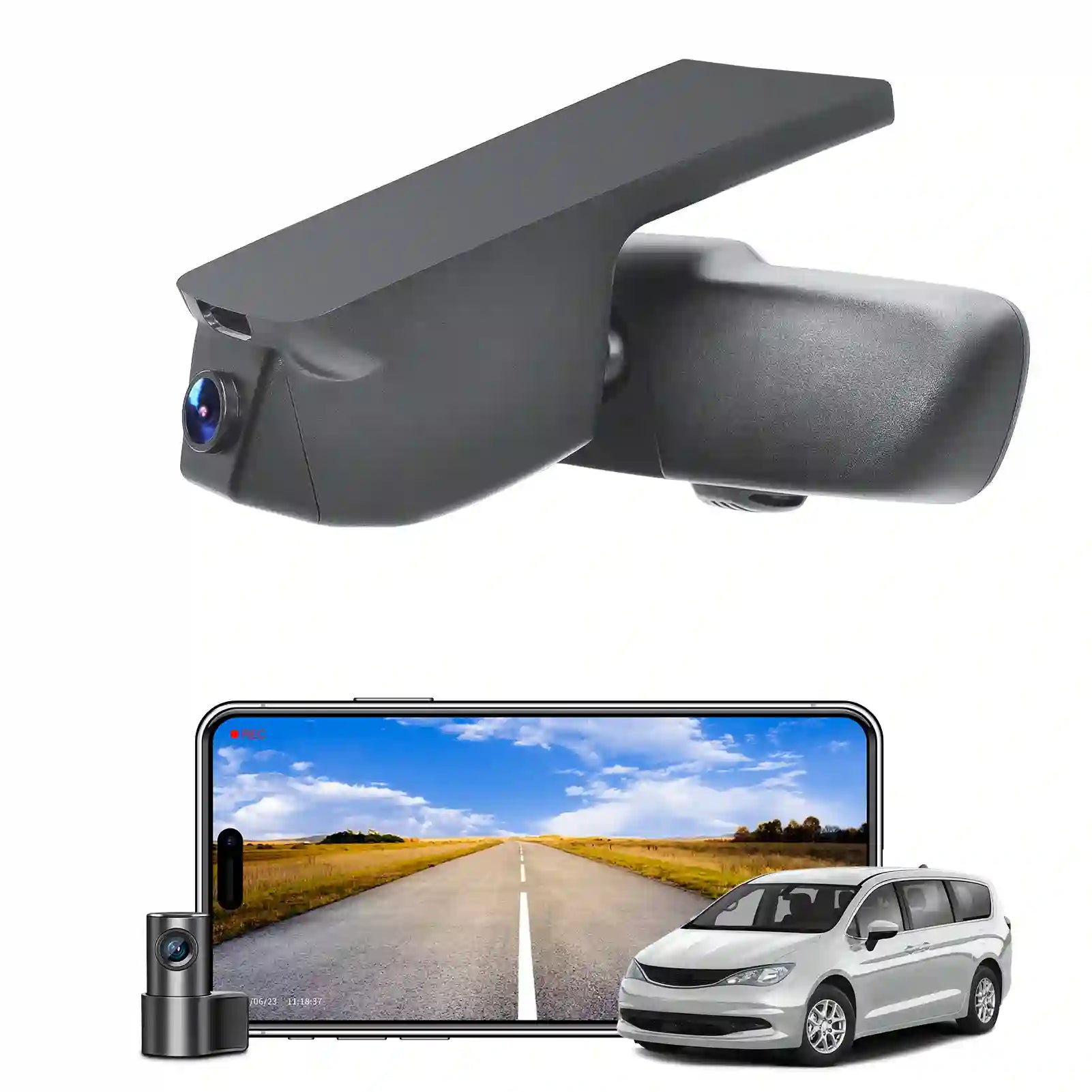 Car camera system with smartphone display and car illustration on a white background