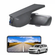 Car camera system with smartphone displaying road view and car on a white background