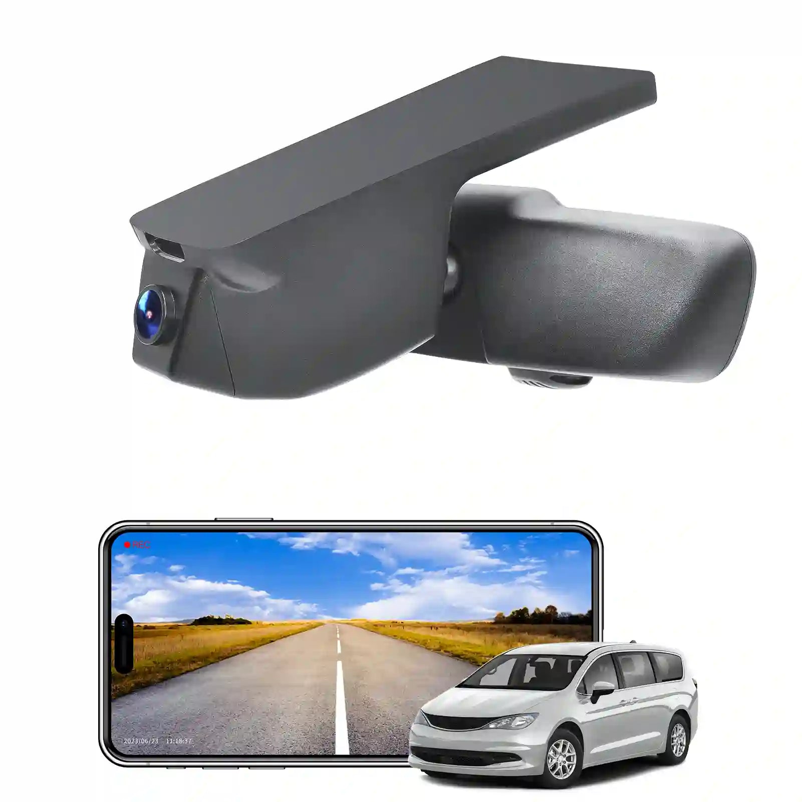 Car camera system with smartphone displaying road view and car on a white background