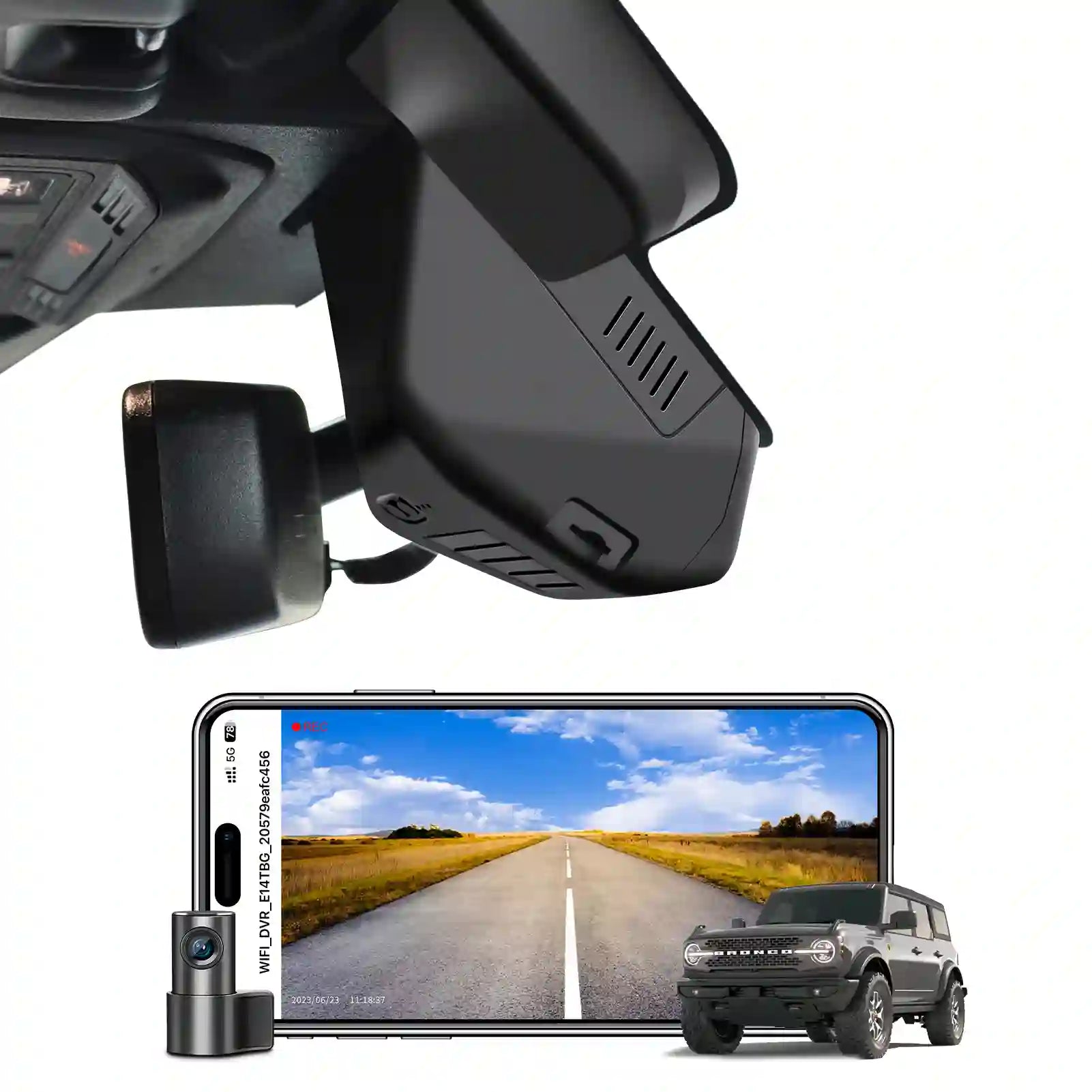 Car dashboard camera with smartphone displaying road view and vehicle image.