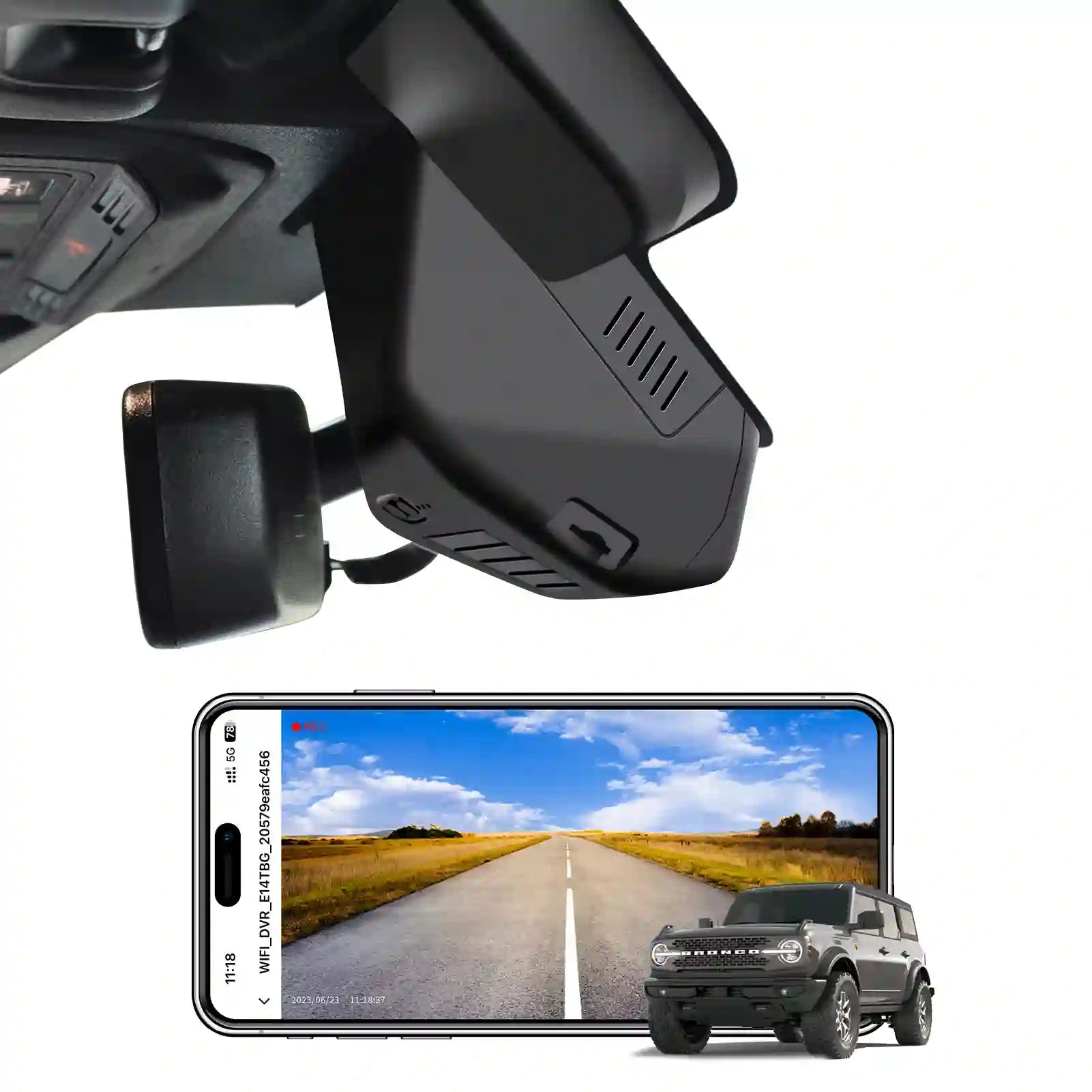 Car dashboard camera with smartphone displaying road view and vehicle image.