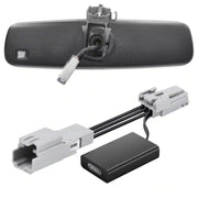 Car mirror assembly with wiring harness on a white background