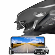 Car dashboard camera with smartphone display and vehicle on a white background