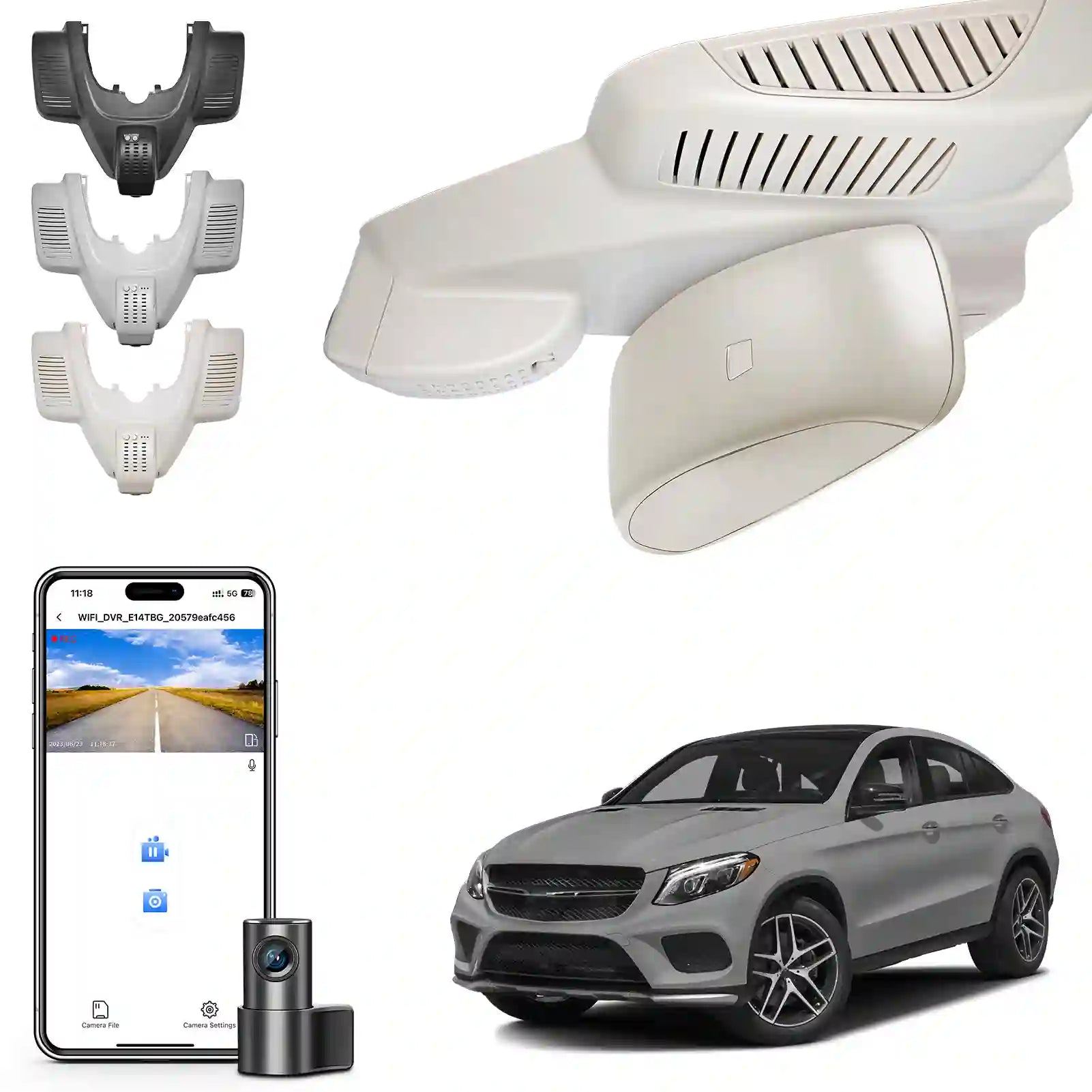 Car safety equipment including a camera, brackets, and a smartphone app displayed on a white background.