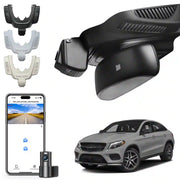 Car camera system with smartphone app, car, and different color options on a white background