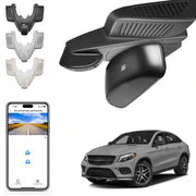 Car dashboard camera with mounting brackets, smartphone app, and car on a white background
