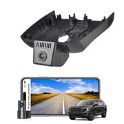 Car camera system with a screen displaying a road and a car, on a white background.