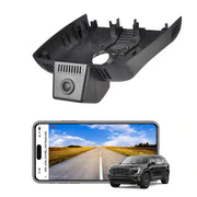 Car camera with smartphone displaying road view and car on a white background