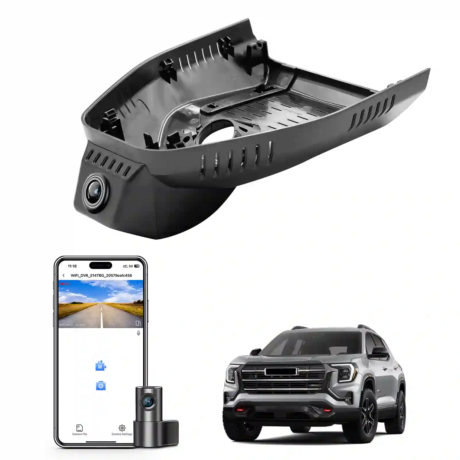 Car dashboard camera with smartphone app and vehicle display on a white background