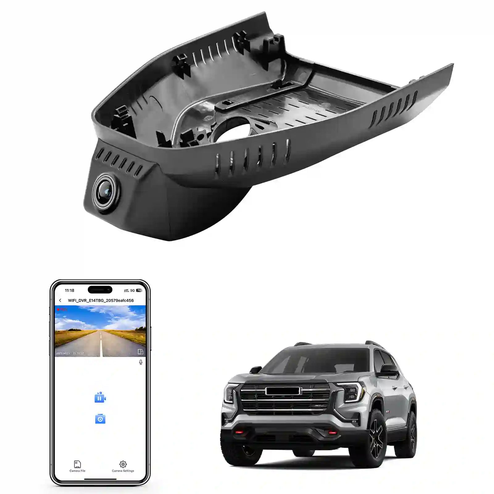 Car dashboard camera, smartphone with app interface, and SUV on a white background