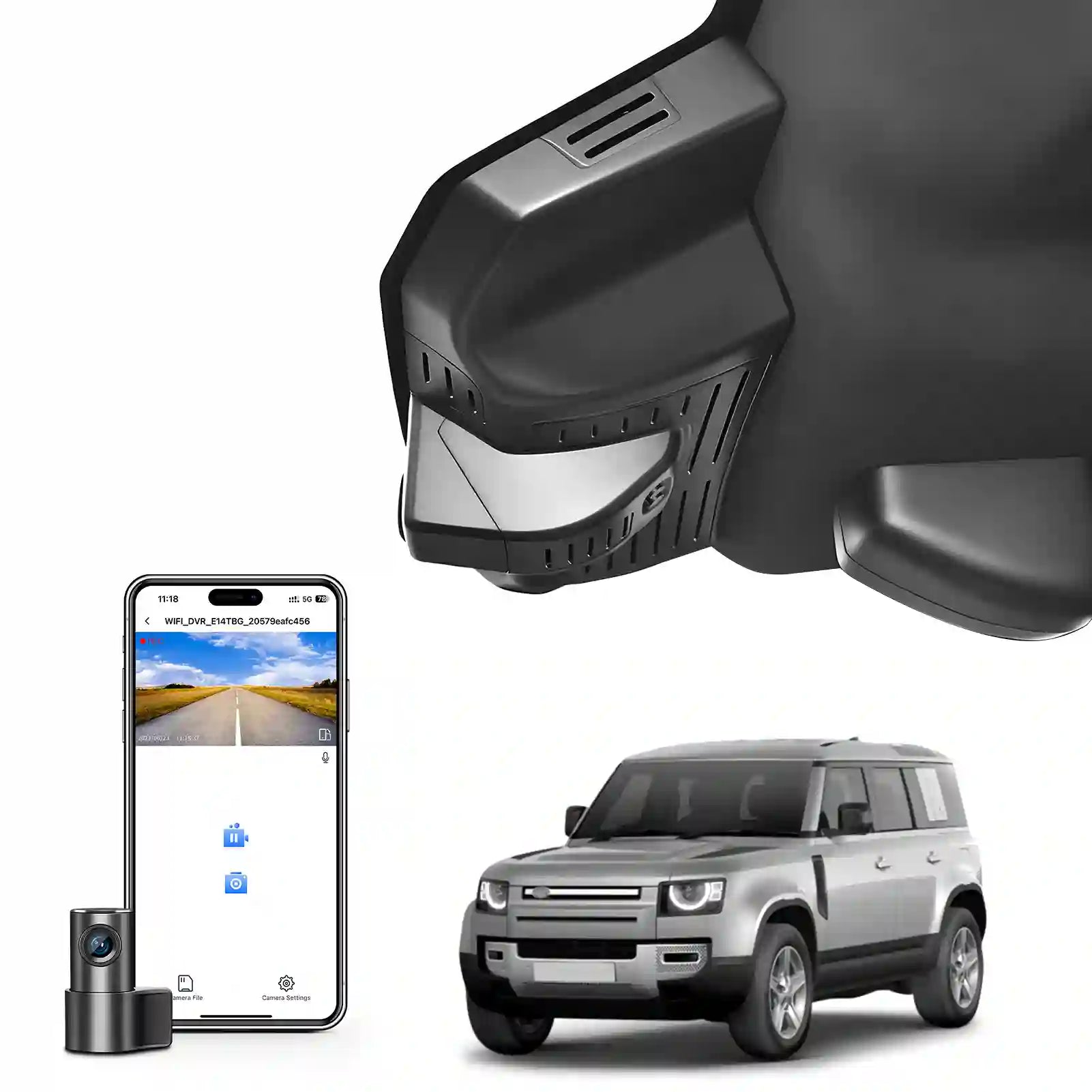 Car dashboard camera, smartphone with app interface, and a car on a white background
