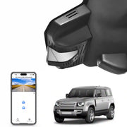 Car dashboard camera, smartphone with app interface, and Land Rover vehicle on a white background