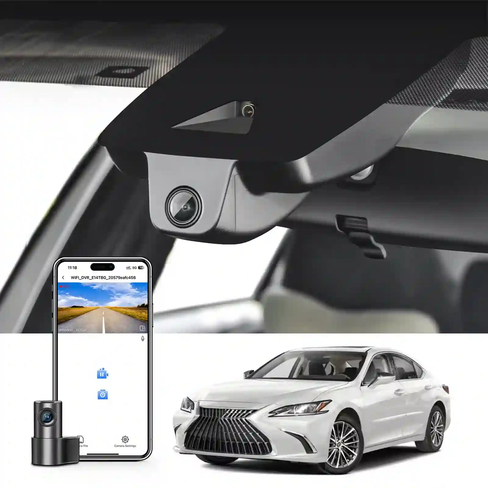 The image shows a dual dash cam setup with a front 4K camera and rear 1080p camera, including a smartphone app interface displaying a view from the front camera and a depiction of the camera's placement inside a vehicle.
