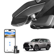 Car rearview mirror with smartphone displaying camera feed, and a car in the background.
