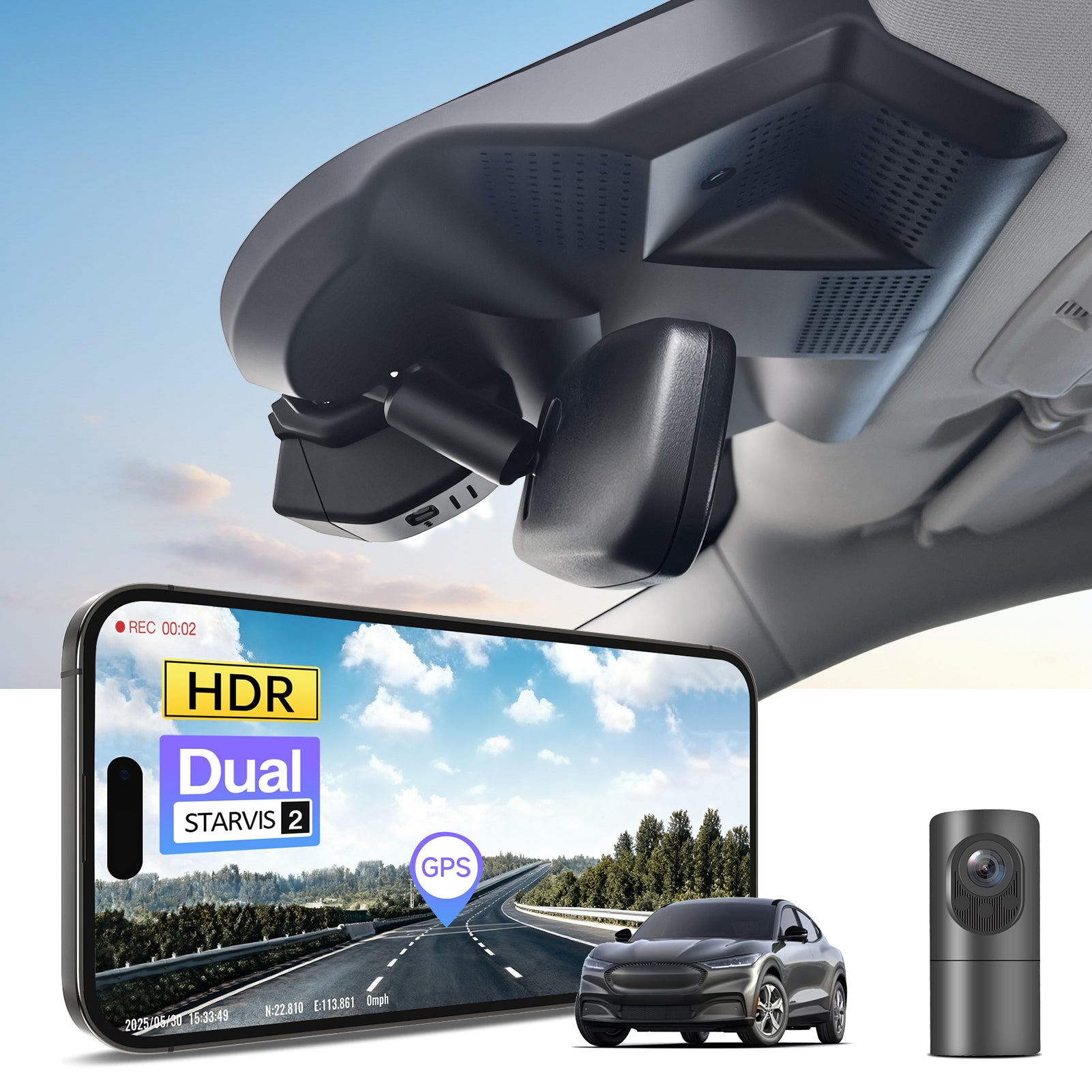 2 channel dash cam with dual STARVIS 2, features smartphone app control, 4K Ultra HD recording, GPS tracking, and Ford Mustang Mach-E SUV Sedan models in the background.  