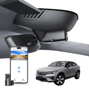 2 channel dash cam with dual STARVIS 2, features smartphone app control, 4K Ultra HD recording, GPS tracking, and Volvo C40 Coupe SUV in the background.  