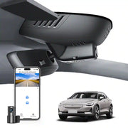 2 channel dash cam with dual STARVIS 2, features smartphone app control, 4K Ultra HD recording, GPS tracking, and Volvo Polestar 2 Fastback in the background.  