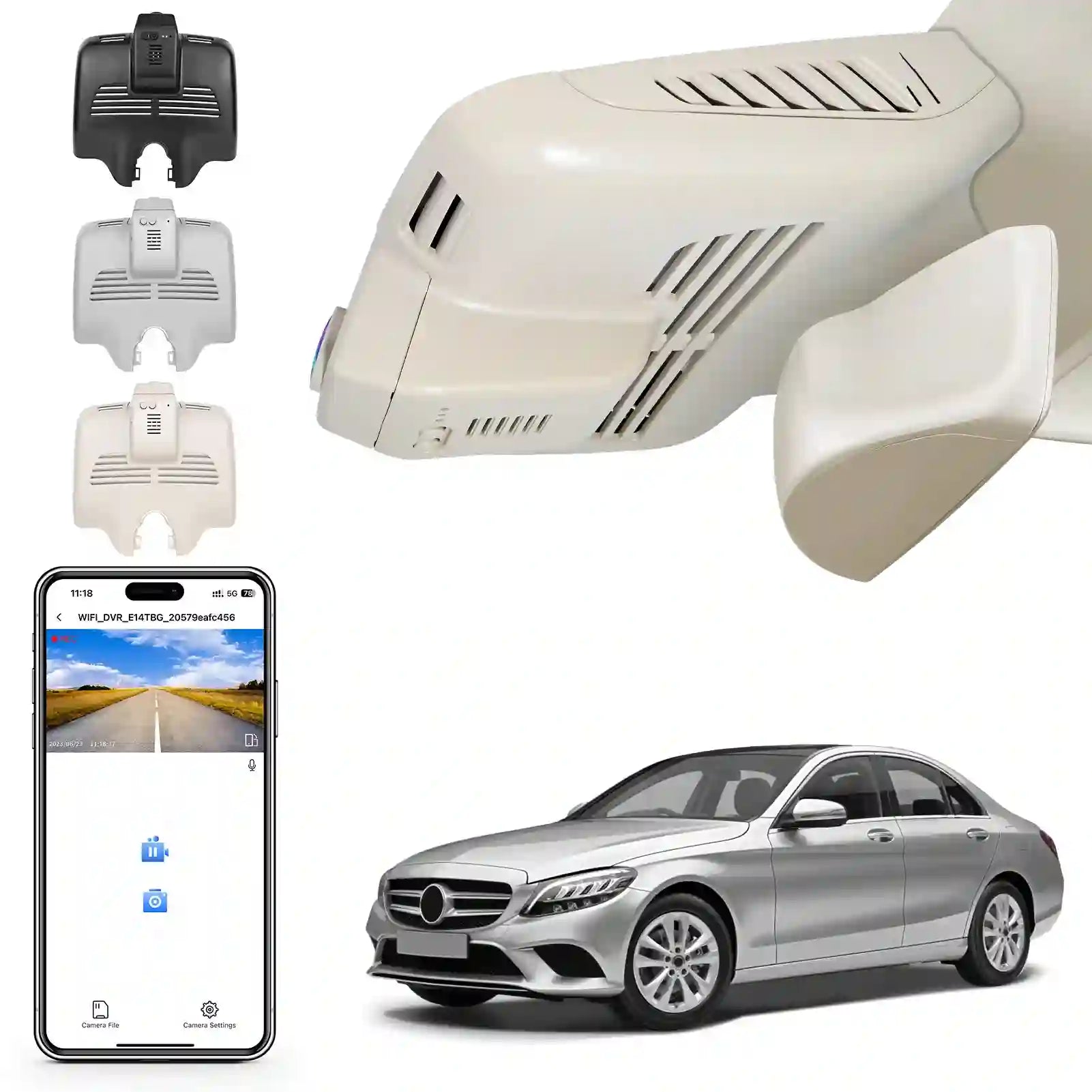 Car air freshener with interchangeable inserts, smartphone app, and Mercedes-Benz car on a white background