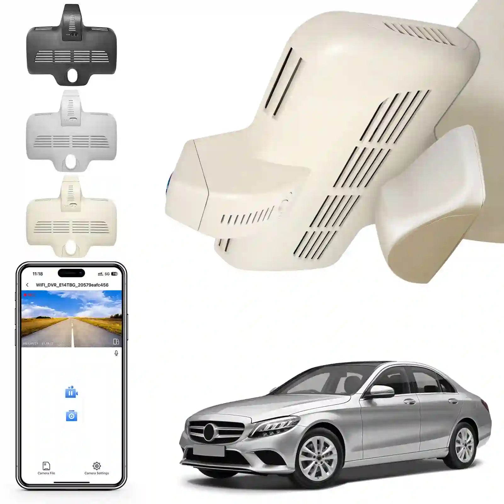 Car dashboard camera, smartphone app, and Mercedes-Benz car on a white background