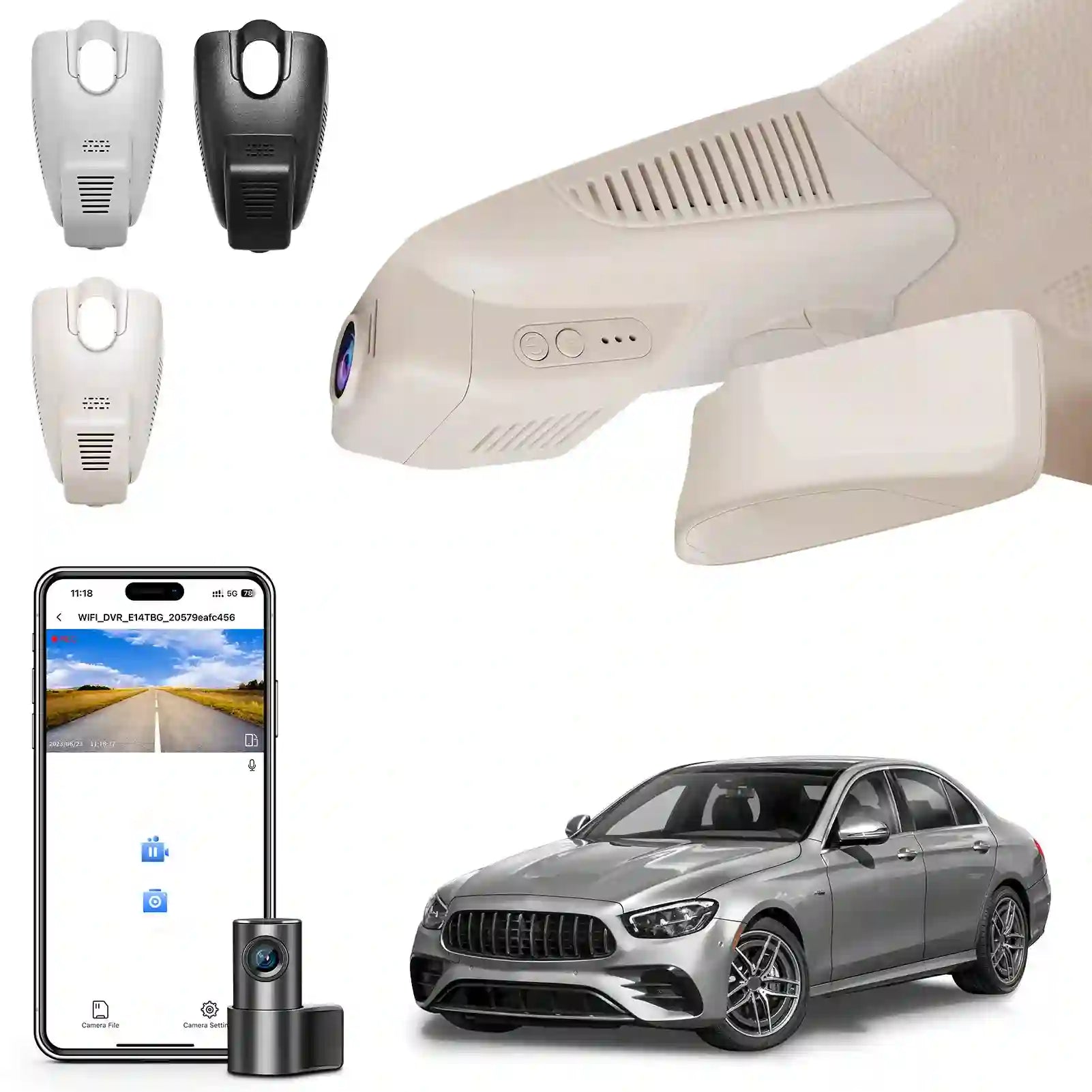 Collage of car security system components including camera, remote controls, and smartphone app 