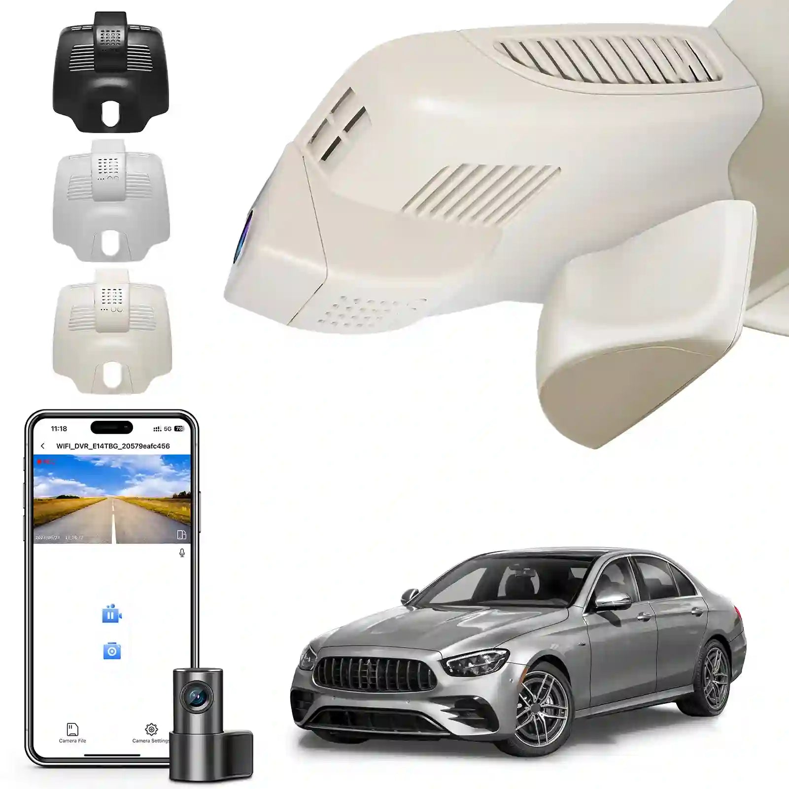 Car camera system with smartphone app, car model, and various camera components 