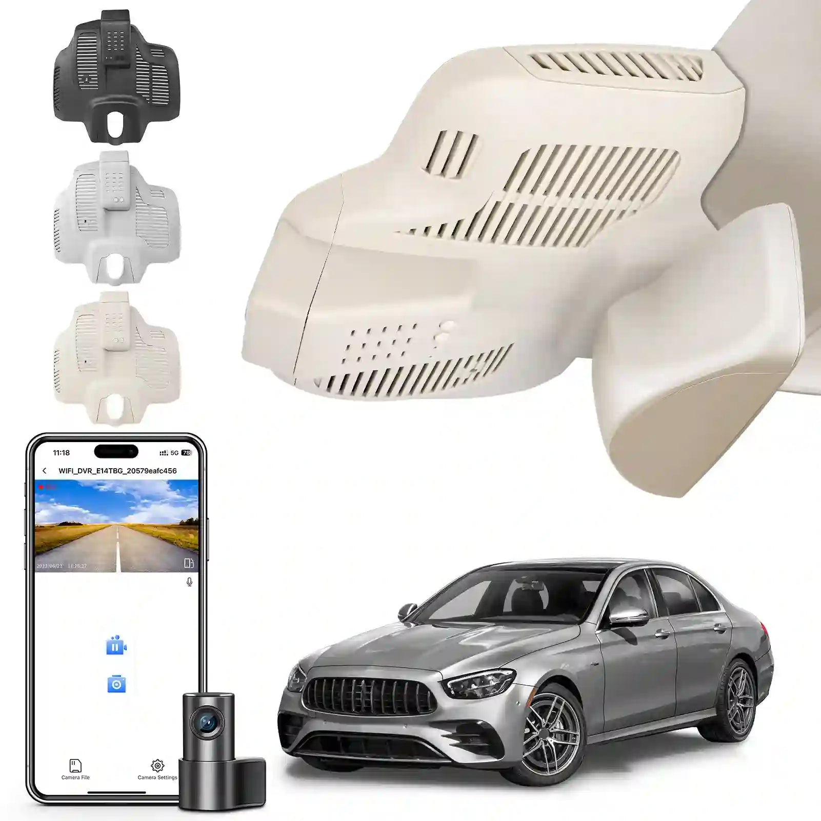 Car camera system with smartphone app, car, and different camera parts dual camera