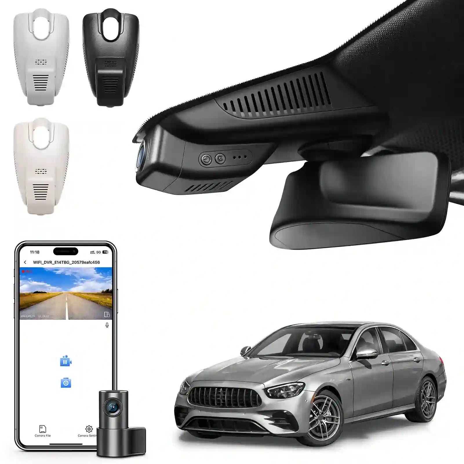 Car dashboard camera, smartphone with app interface, car, and two channel