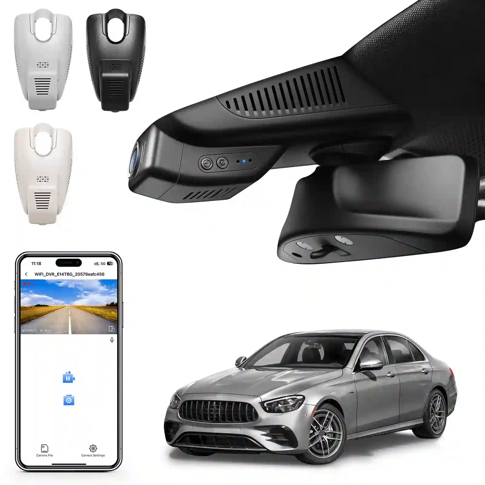 Car dashboard camera, smartphone app, and car on a white background