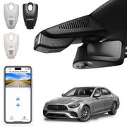 Car dashboard camera, smartphone app, and car on a white background