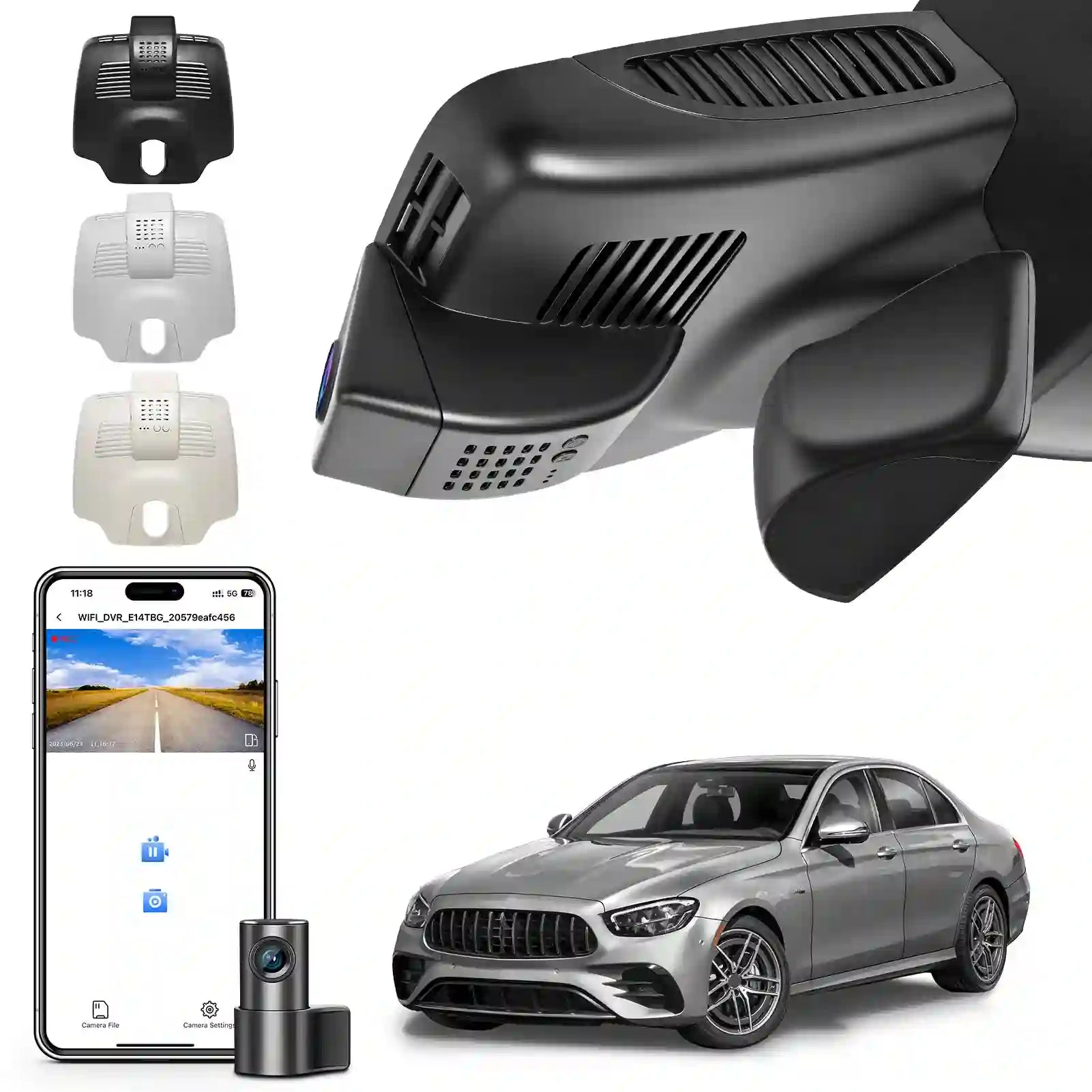 Car dashboard camera with smartphone app, car model, and additional camera models 