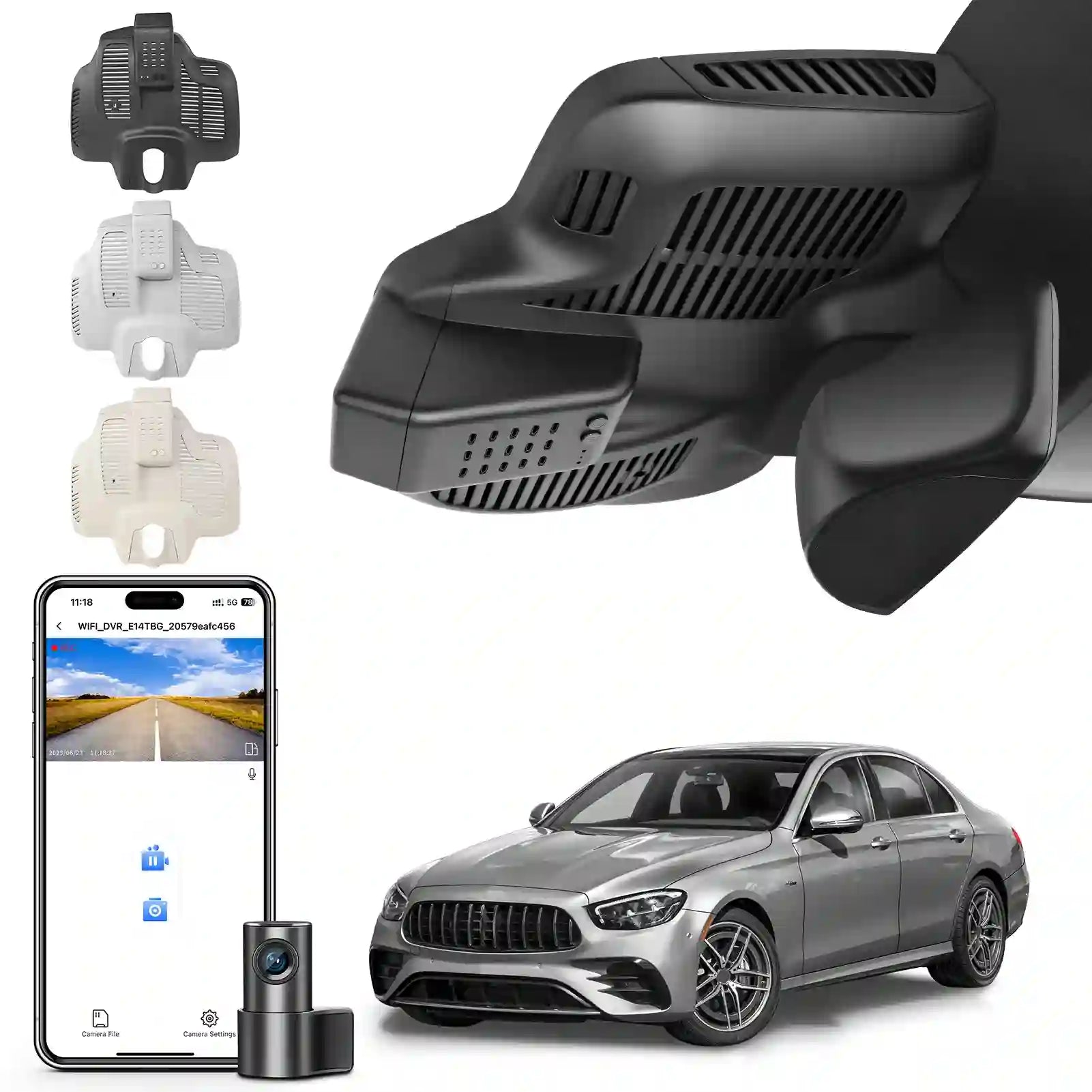 Car dashboard camera with smartphone app, car model, and additional camera modules 