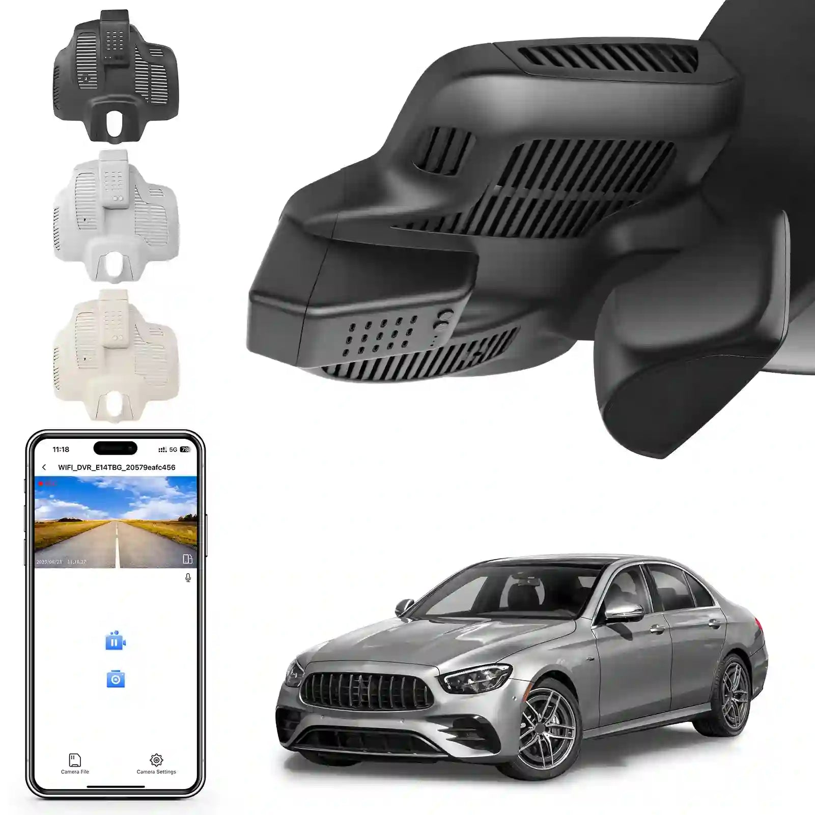 Car dashboard camera with smartphone app and car model 