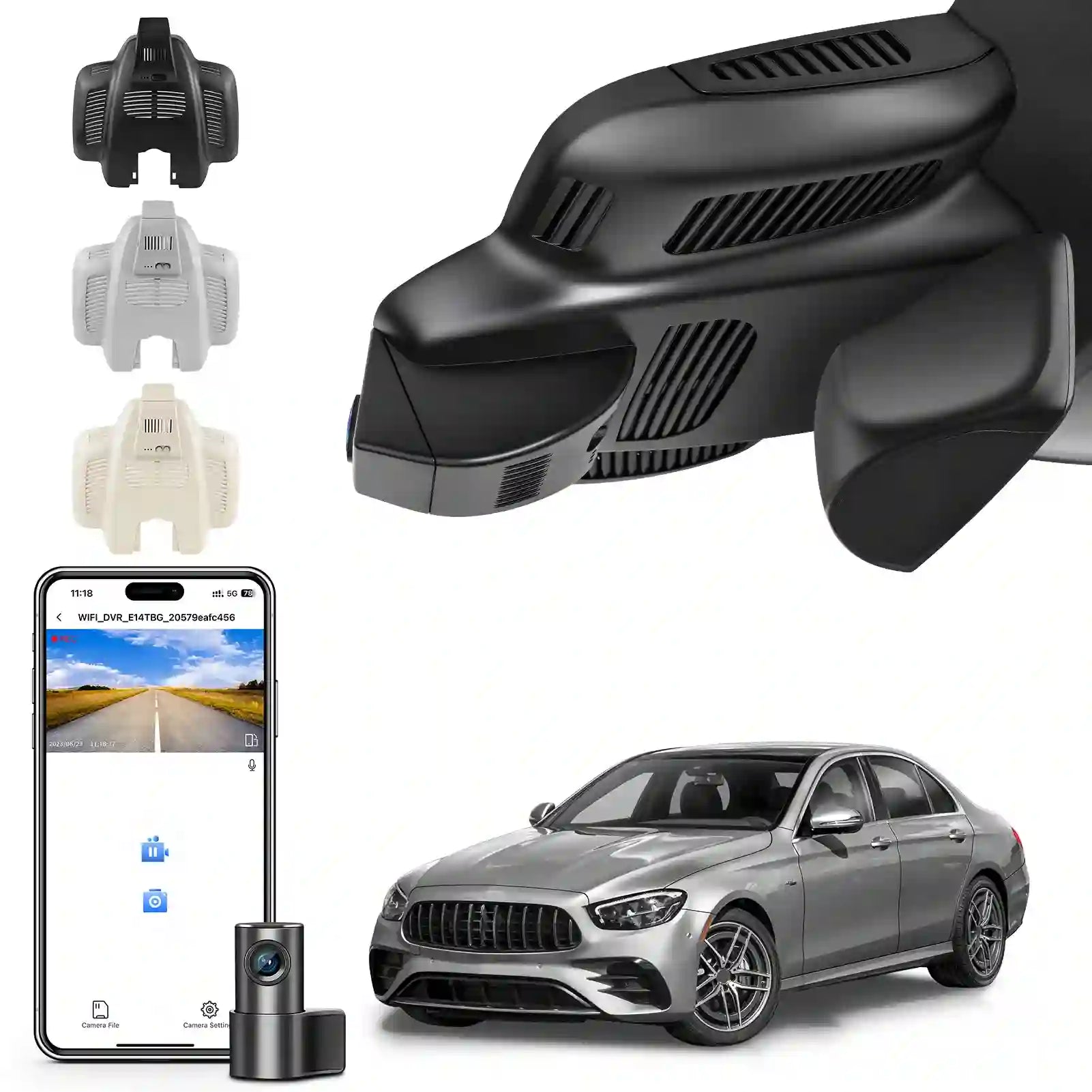 Car dashboard camera with smartphone app and car model on a white background