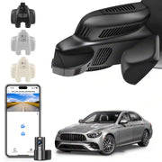 Car dashboard camera with smartphone app and car model on a white background