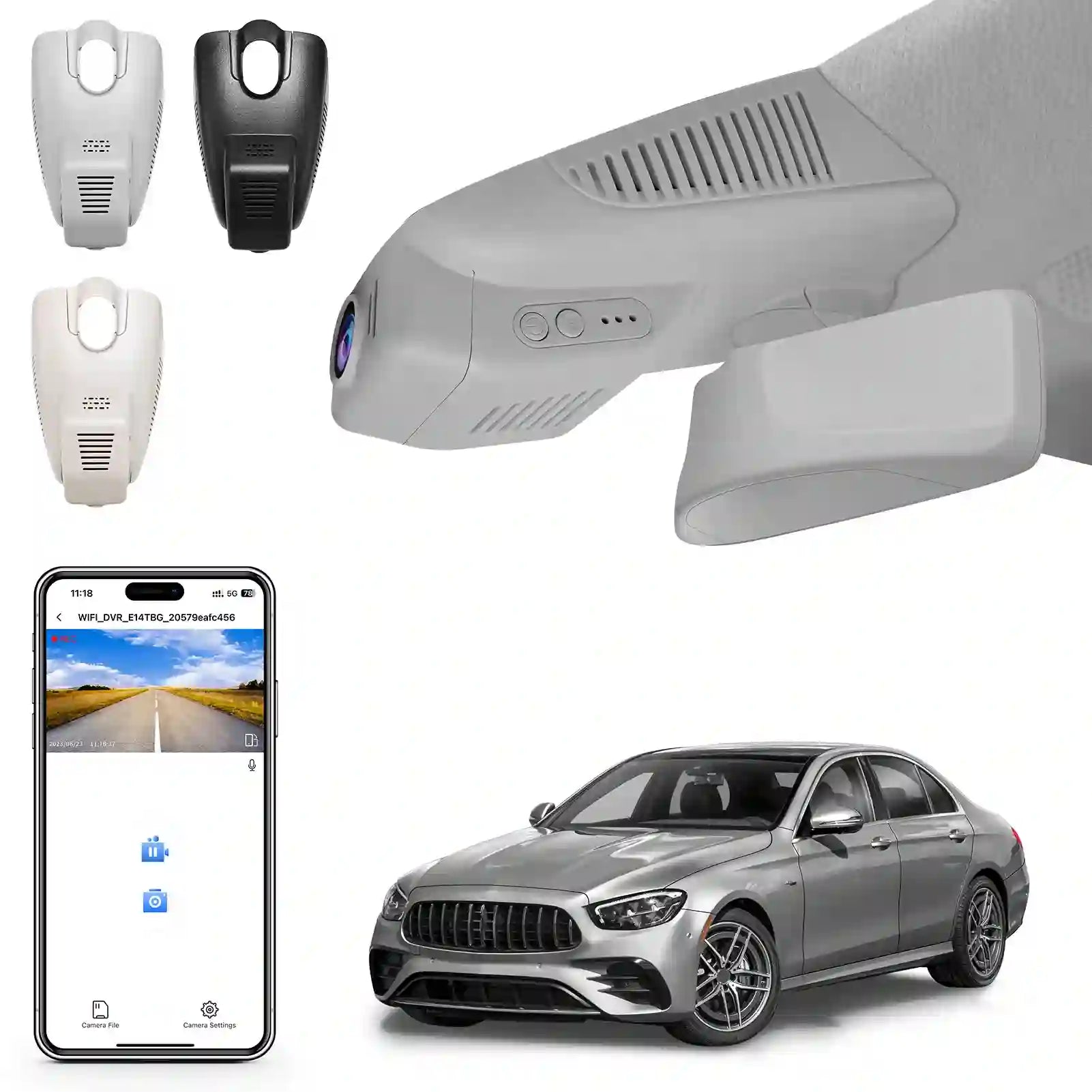Car dashboard camera, remote controls, smartphone app, and car on a white background