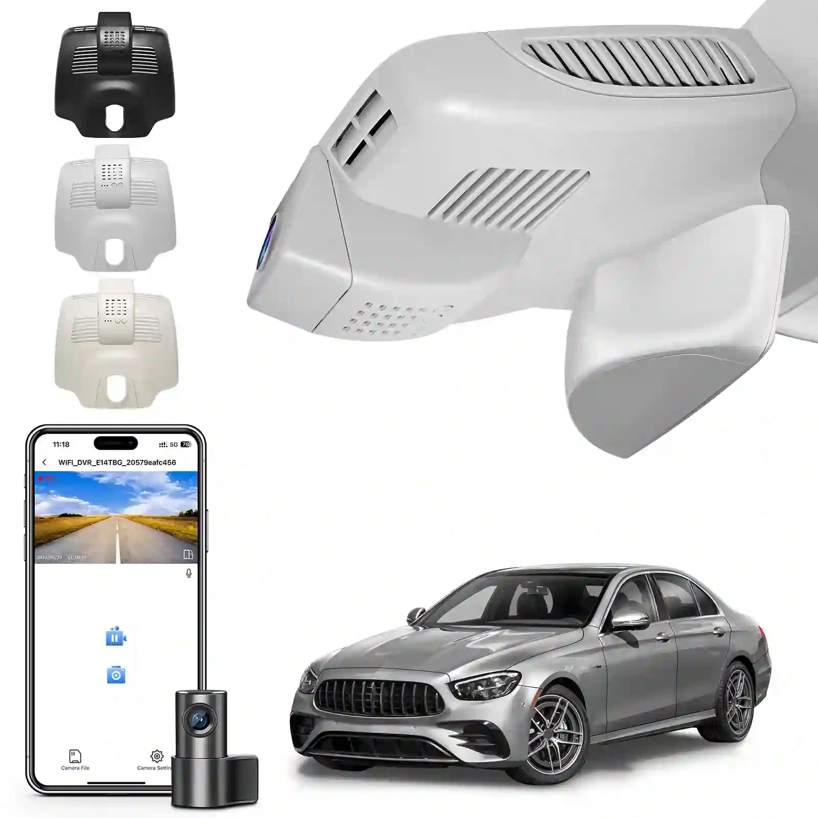 Collection of car accessories including a camera, phone app, and car 