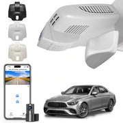 Collection of car accessories including a camera, phone app, and car 