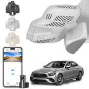 Car dashboard camera system with smartphone app, car model, and additional camera parts