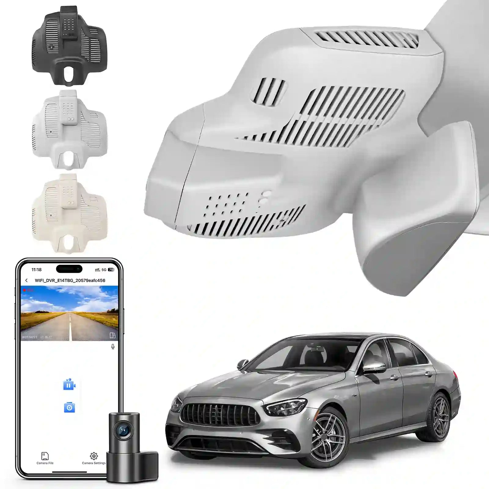Car dashboard camera system with smartphone app, car model, and additional camera parts