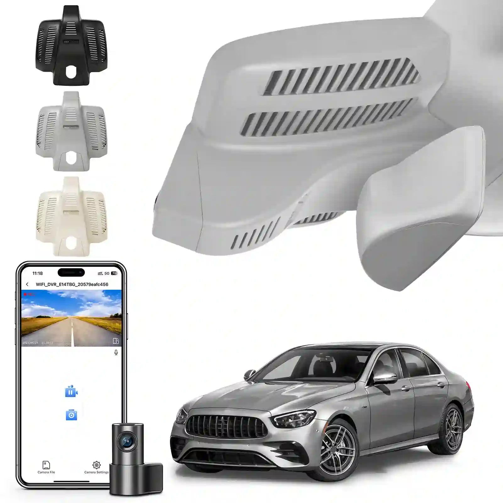 Car accessories including a phone with app interface, car parts, and a car