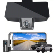 Car camera system with smartphone displaying road view and vehicles on a white background