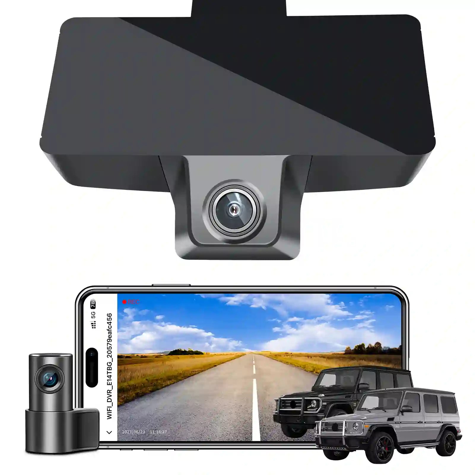 Car camera system with smartphone displaying road view and vehicles on a white background