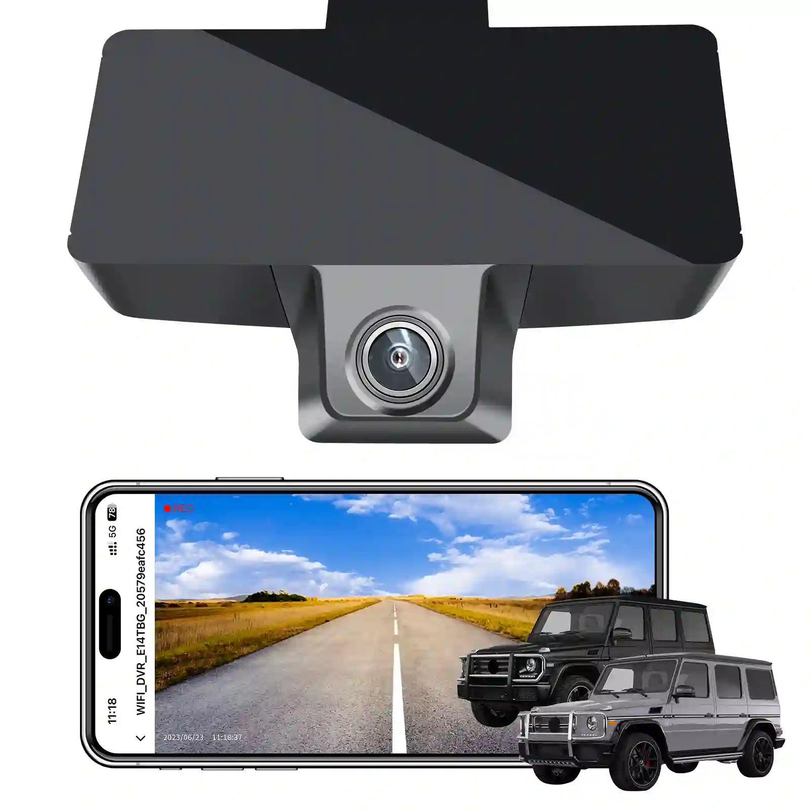 Car rearview camera with smartphone displaying road view and vehicle illustration on a white background
